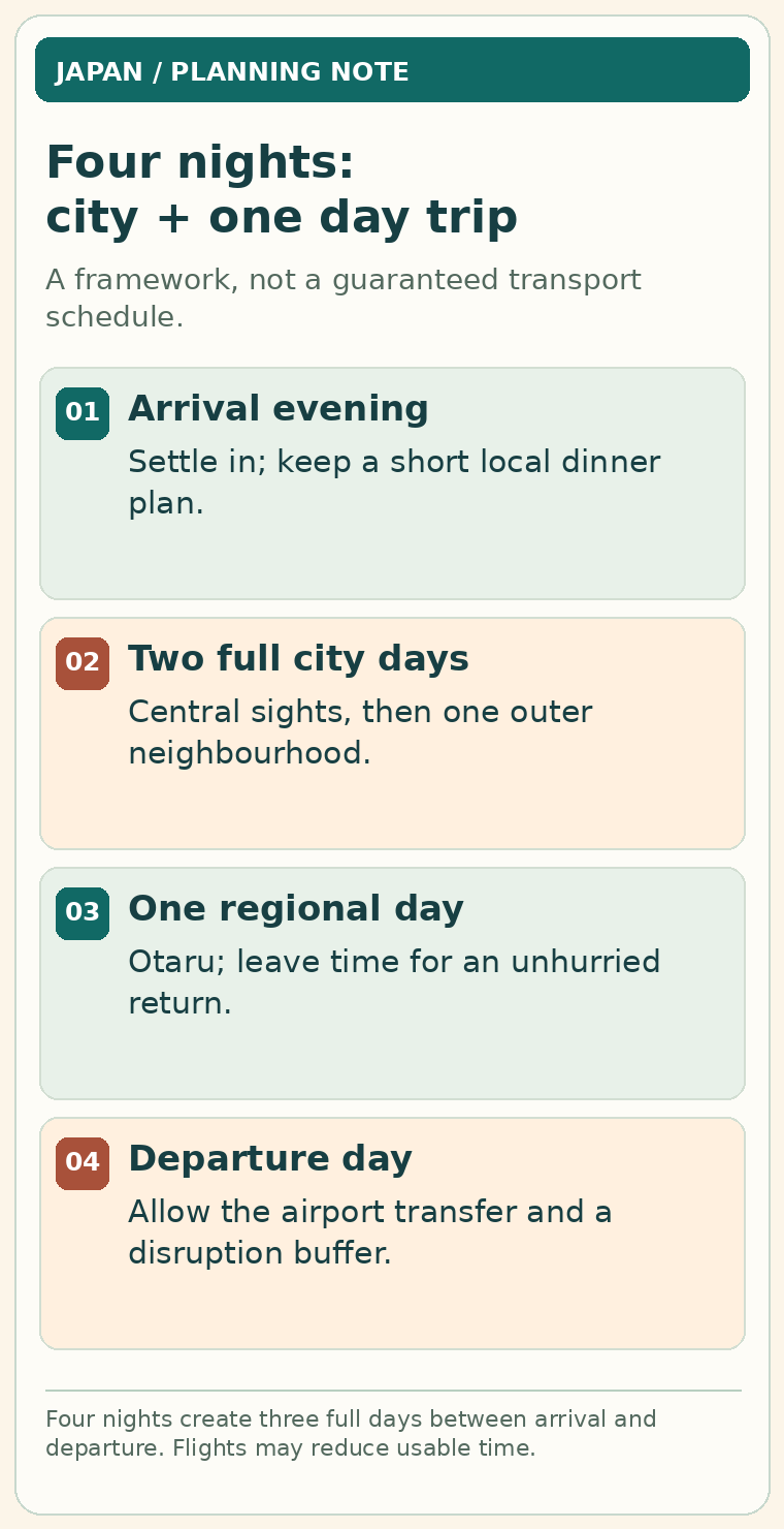 Four-night Sapporo framework: arrival, two city days, one regional day and departure.