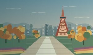 Original stylised illustration of a park, lattice tower and autumn trees inspired by Sapporo.