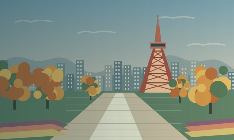 Original stylised illustration of a park, lattice tower and autumn trees inspired by Sapporo.