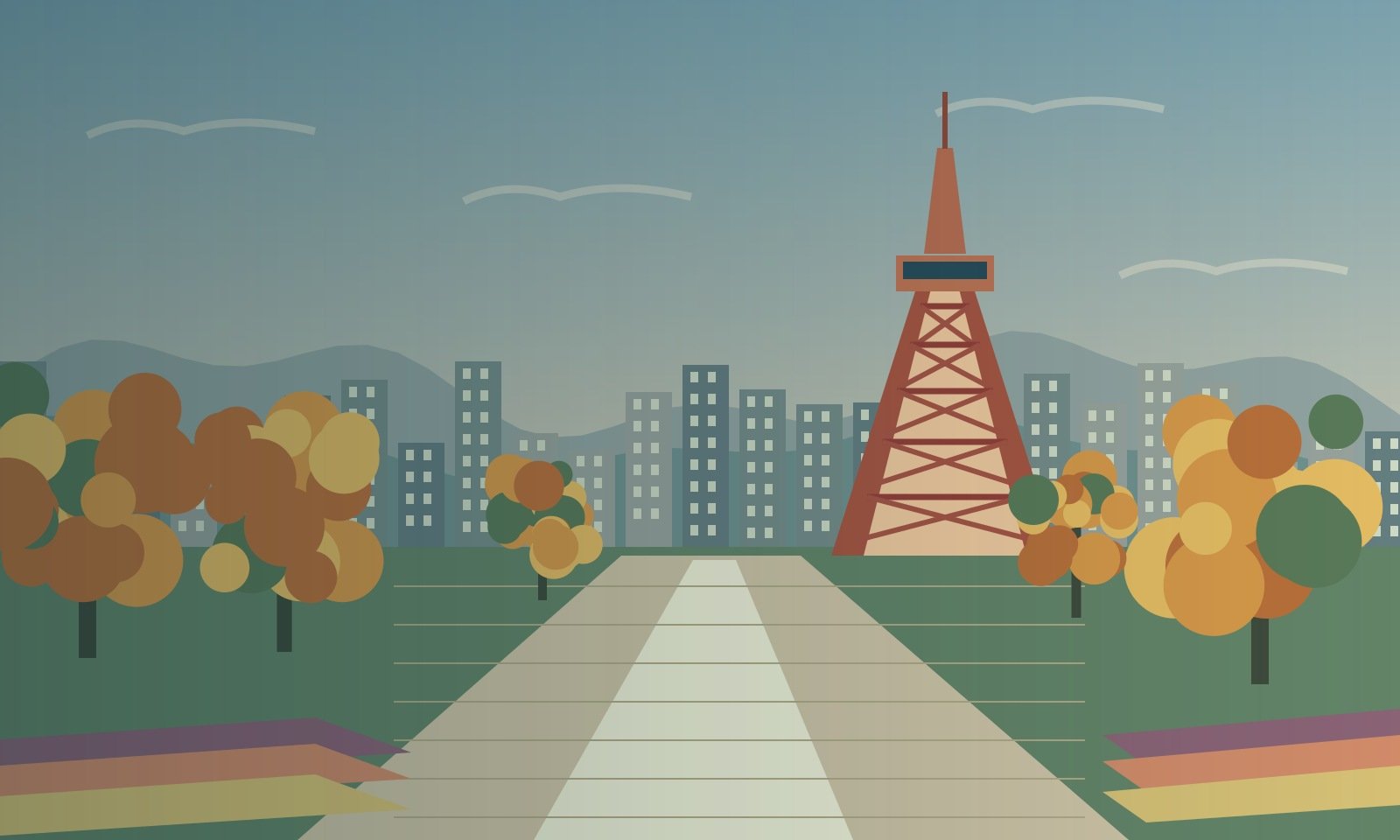 Original stylised illustration of a park, lattice tower and autumn trees inspired by Sapporo.