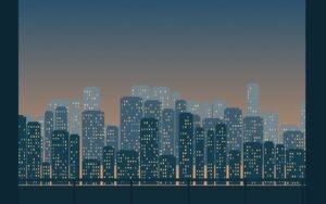 Original twilight city illustration with layered towers and warm windows viewed from an imagined Tokyo hotel