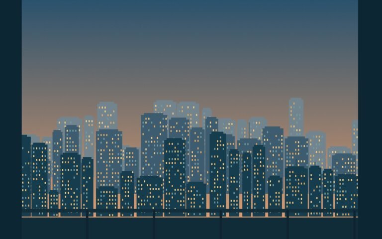 Original twilight city illustration with layered towers and warm windows viewed from an imagined Tokyo hotel