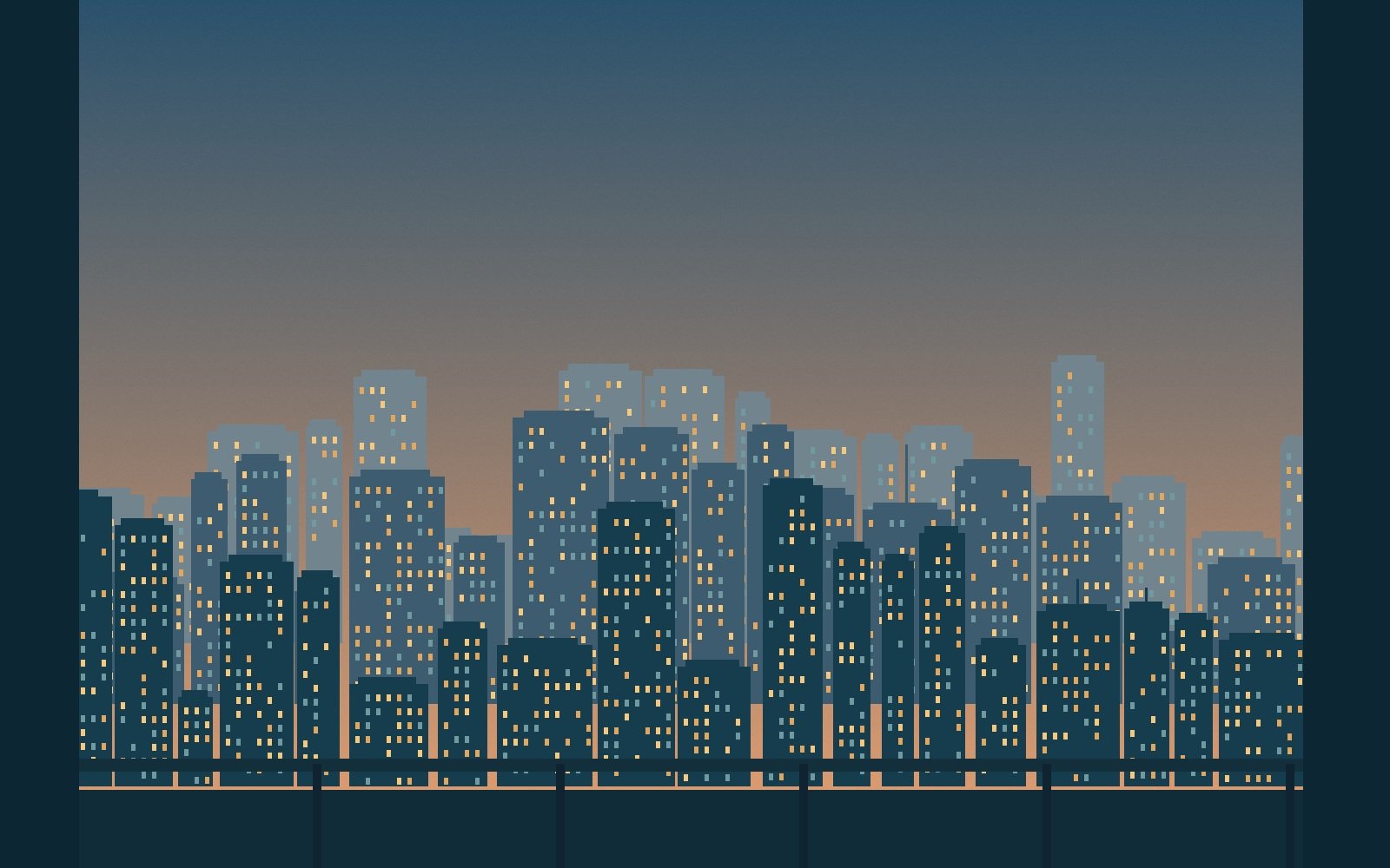 Original twilight city illustration with layered towers and warm windows viewed from an imagined Tokyo hotel
