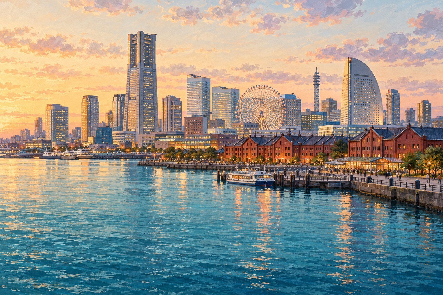 Illustration inspired by Yokohama’s waterfront and the Minato Mirai skyline.
