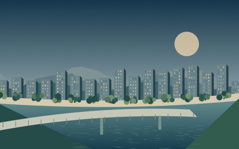 Original evening illustration of a Hiroshima riverside, bridge and tree-lined city banks.
