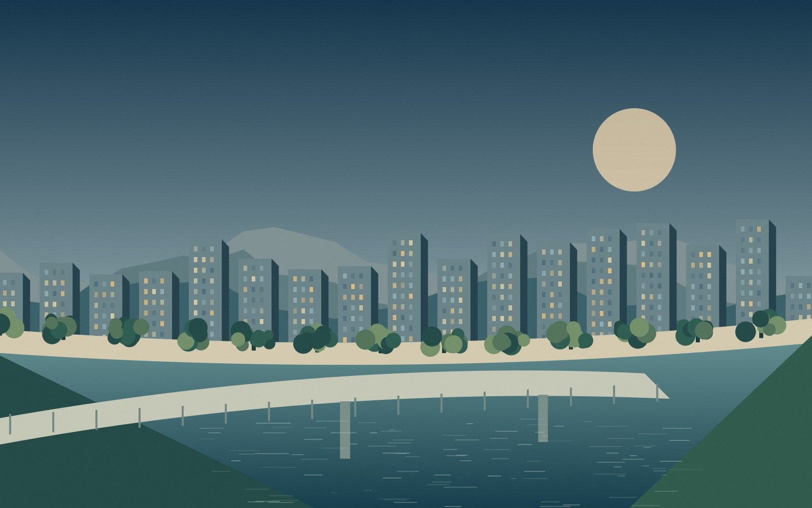 Original evening illustration of a Hiroshima riverside, bridge and tree-lined city banks.