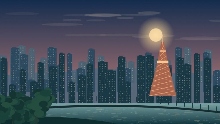 Original vector-style editorial illustration of a Tokyo-inspired skyline, a lattice tower and reflected evening light beside water.