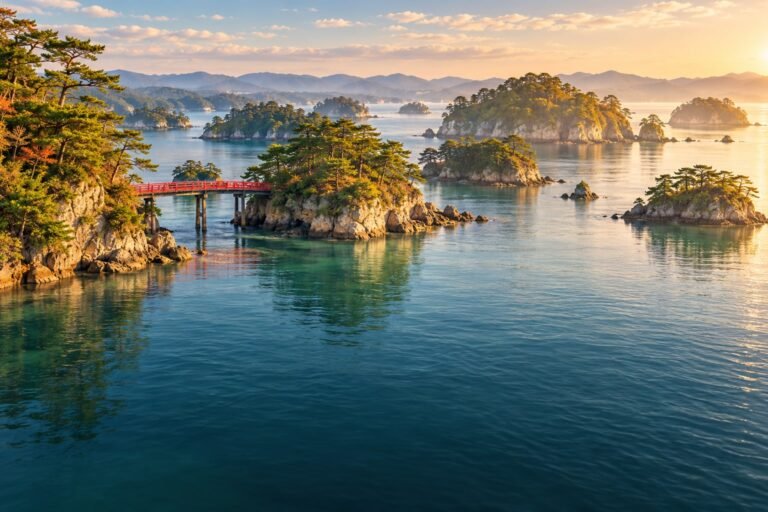 Pine-topped islets and a red coastal bridge in sheltered Matsushima Bay.
