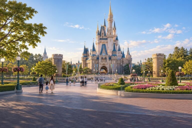AI-created illustration inspired by Cinderella Castle and the central plaza at Tokyo Disneyland in morning light.