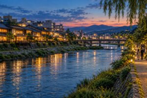 Illustration of riverside paths, low buildings, a bridge and distant hills in an imagined downtown Kyoto evening scene.