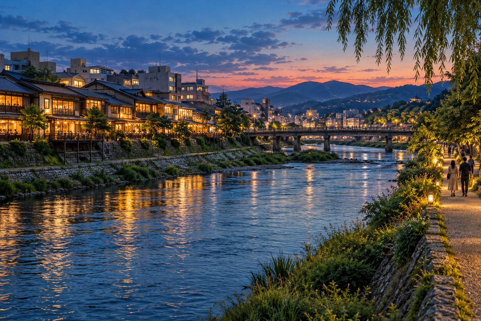 Illustration of riverside paths, low buildings, a bridge and distant hills in an imagined downtown Kyoto evening scene.