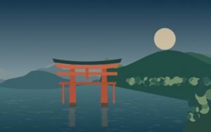 Original stylised illustration of a vermilion torii in calm water beside a wooded Miyajima shoreline.