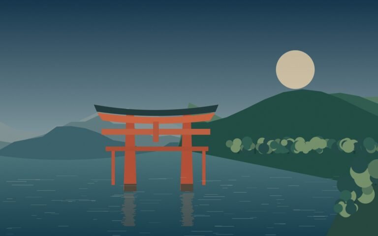Original stylised illustration of a vermilion torii in calm water beside a wooded Miyajima shoreline.