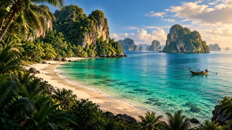 Illustration inspired by Thailand’s Andaman coast, with limestone cliffs, a palm-fringed bay and a long-tail boat.